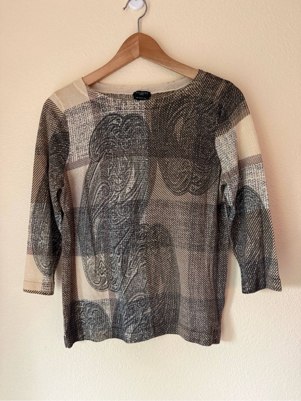 Talbots Beige and Gray Paisley Plaid Crewneck Wool Sweater